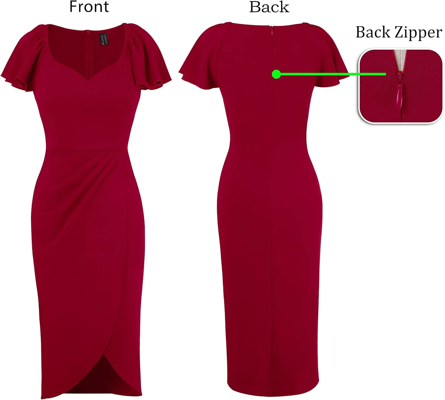 VFSHOW Womens V Neck Cocktail Ruffle Sleeve Wrap Slit Ruched Party Midi Dress Bodycon Work Business Sheath Pencil Dress