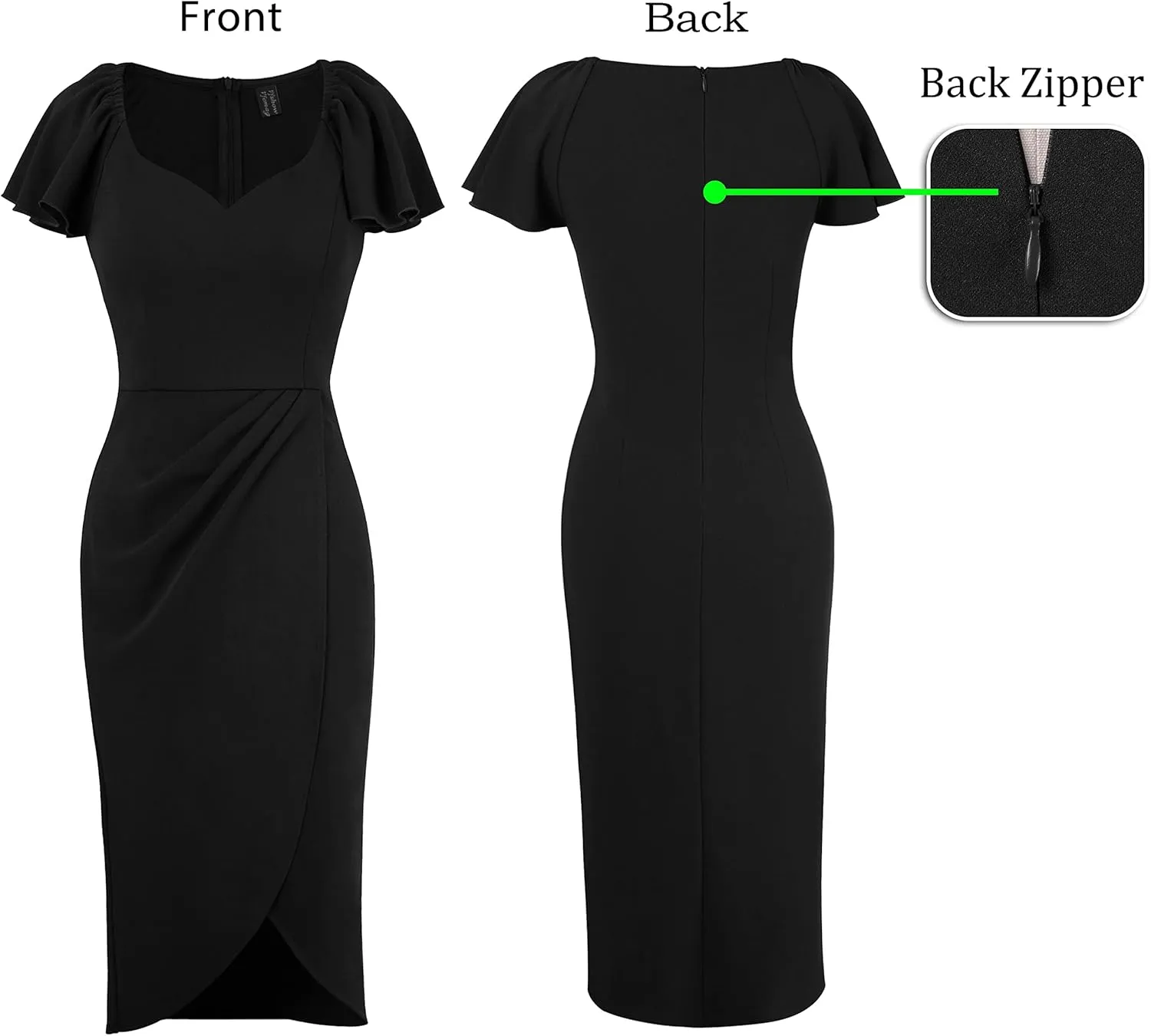 VFSHOW Womens V Neck Cocktail Ruffle Sleeve Wrap Slit Ruched Party Midi Dress Bodycon Work Business Sheath Pencil Dress