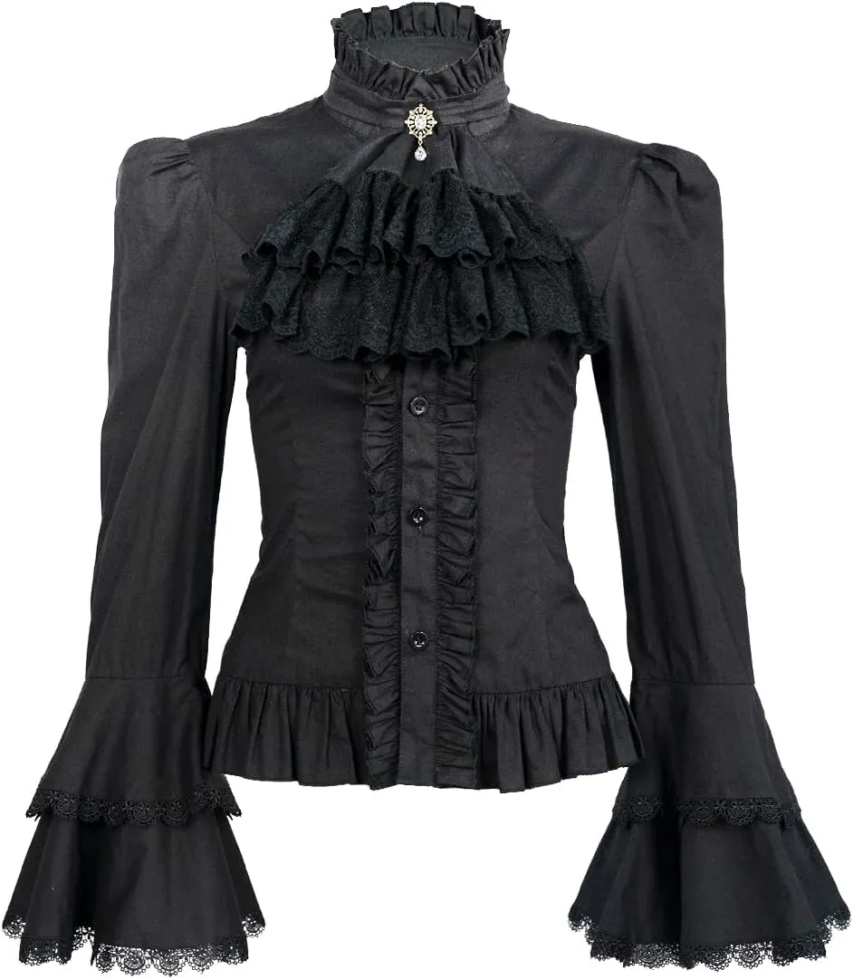 Victorian Blouse Womens Gothic Shirt Vintage Long Sleeve Lotus Ruffle Tops