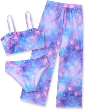 Vogseek 6-12T Girls 3 Pieces Bikini Bathing Suit with Rash Guard Pants Quick Dry Swimwear Cover-Up Sets