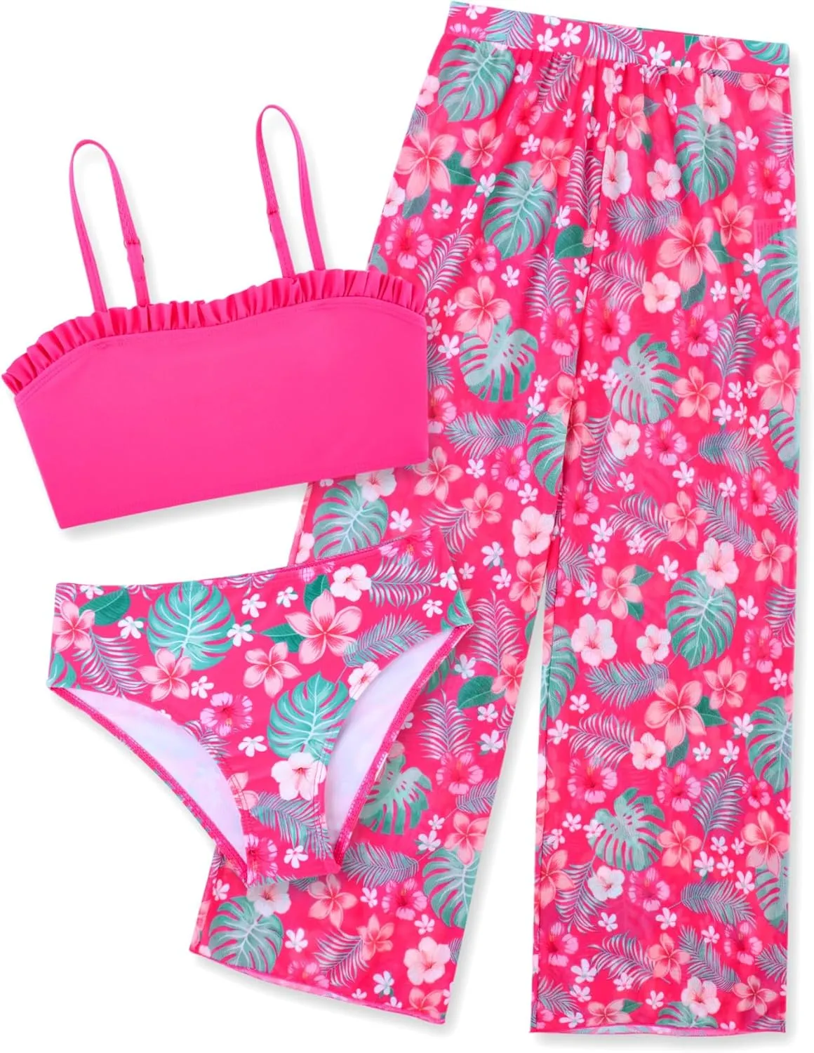 Vogseek 6-12T Girls 3 Pieces Bikini Bathing Suit with Rash Guard Pants Quick Dry Swimwear Cover-Up Sets