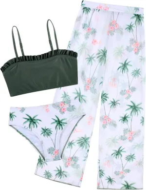 Vogseek 6-12T Girls 3 Pieces Bikini Bathing Suit with Rash Guard Pants Quick Dry Swimwear Cover-Up Sets