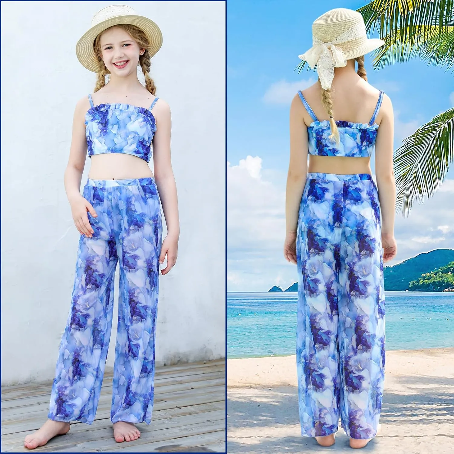 Vogseek 6-12T Girls 3 Pieces Bikini Bathing Suit with Rash Guard Pants Quick Dry Swimwear Cover-Up Sets