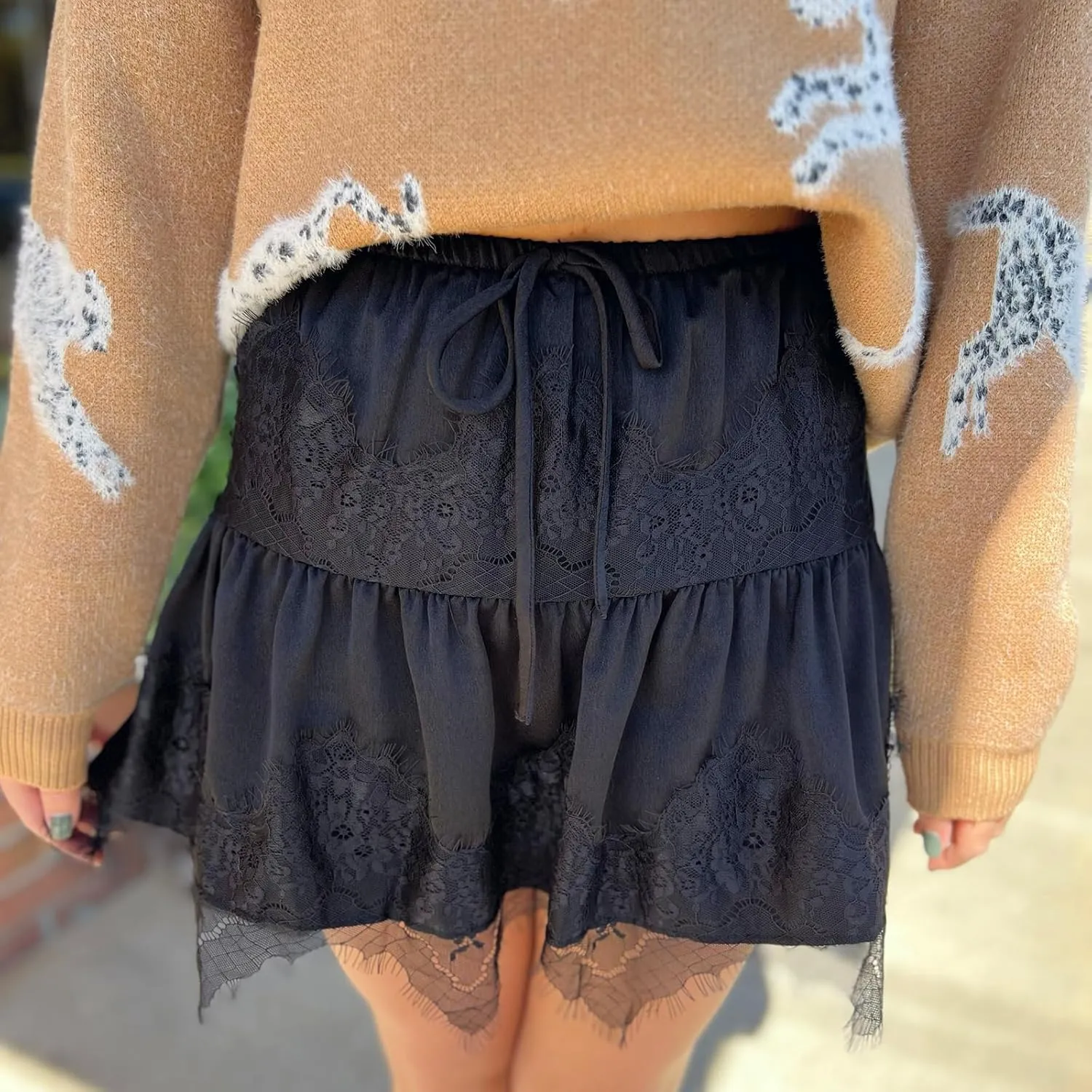 wdehow Women Y2K Lace Mini Skirt Low Rise Ruffle Pleated Layered Flowy Short Skirts