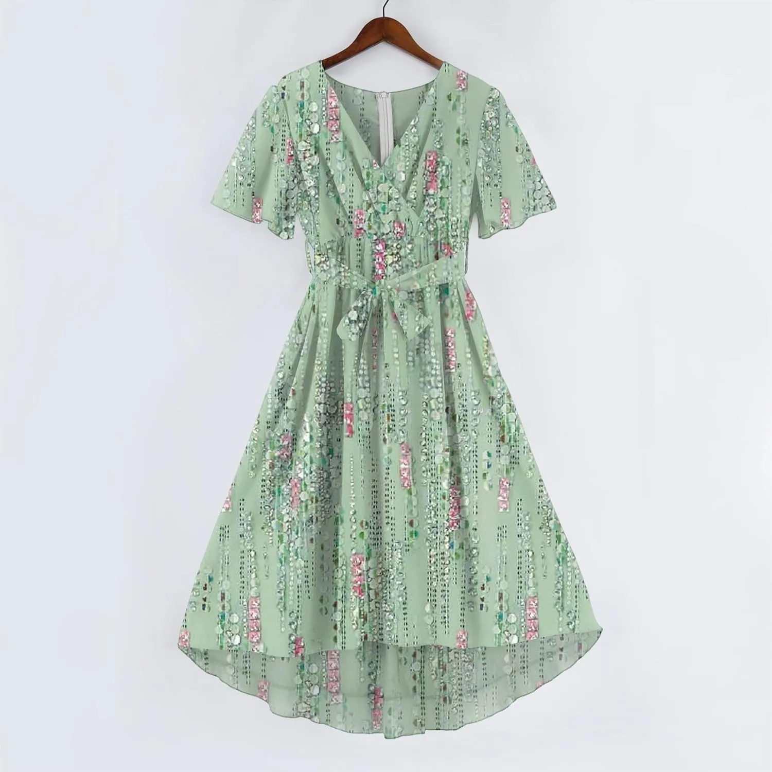 Wedding Guest Dress,Wrap Flowy Chiffon Dresses for Women Summer Sexy Womens Midi Dress with Sleeves Prom Cocktail