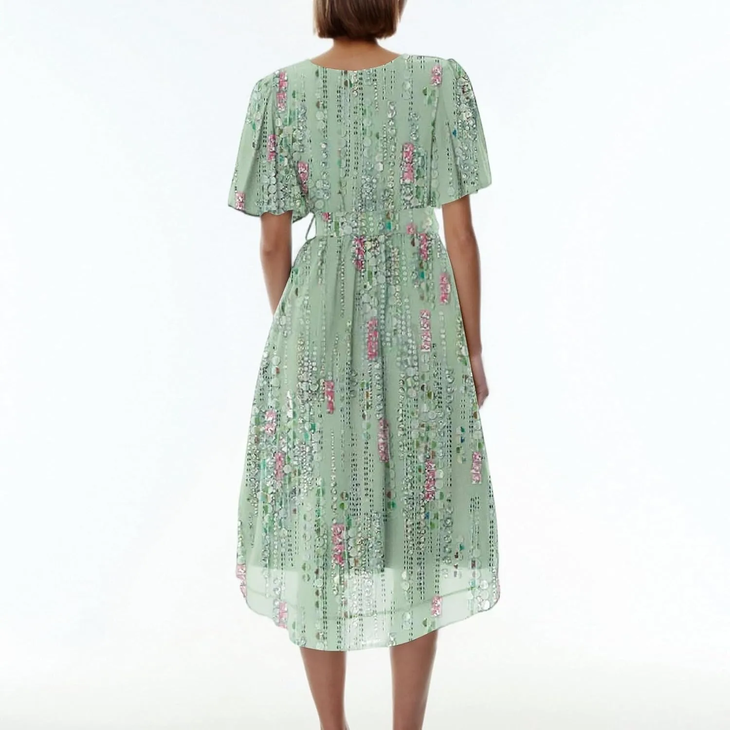 Wedding Guest Dress,Wrap Flowy Chiffon Dresses for Women Summer Sexy Womens Midi Dress with Sleeves Prom Cocktail
