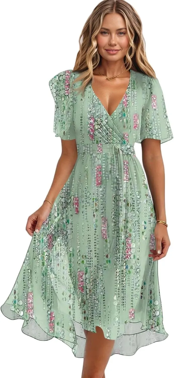 Wedding Guest Dress,Wrap Flowy Chiffon Dresses for Women Summer Sexy Womens Midi Dress with Sleeves Prom Cocktail