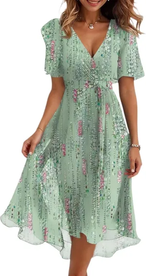 Wedding Guest Dress,Wrap Flowy Chiffon Dresses for Women Summer Sexy Womens Midi Dress with Sleeves Prom Cocktail