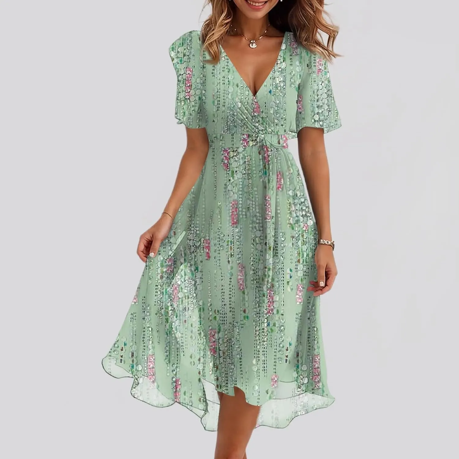 Wedding Guest Dress,Wrap Flowy Chiffon Dresses for Women Summer Sexy Womens Midi Dress with Sleeves Prom Cocktail