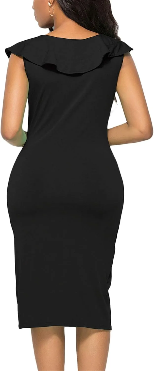 WIWIQS Women's Sexy V Neck Bodycon Long Sleeve/Sleeveless Ruffle Dress Front Slit Bandage Plus Size Midi Club Dresses
