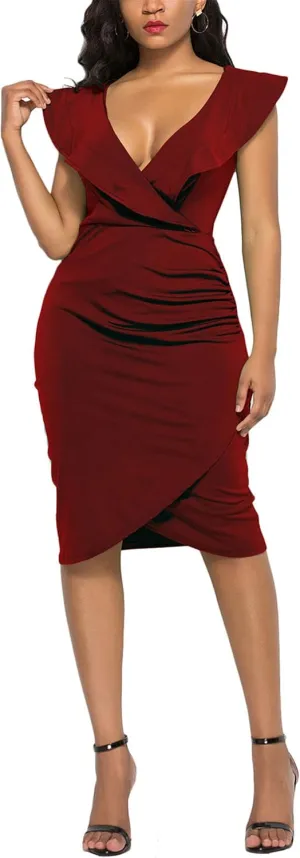 WIWIQS Women's Sexy V Neck Bodycon Long Sleeve/Sleeveless Ruffle Dress Front Slit Bandage Plus Size Midi Club Dresses