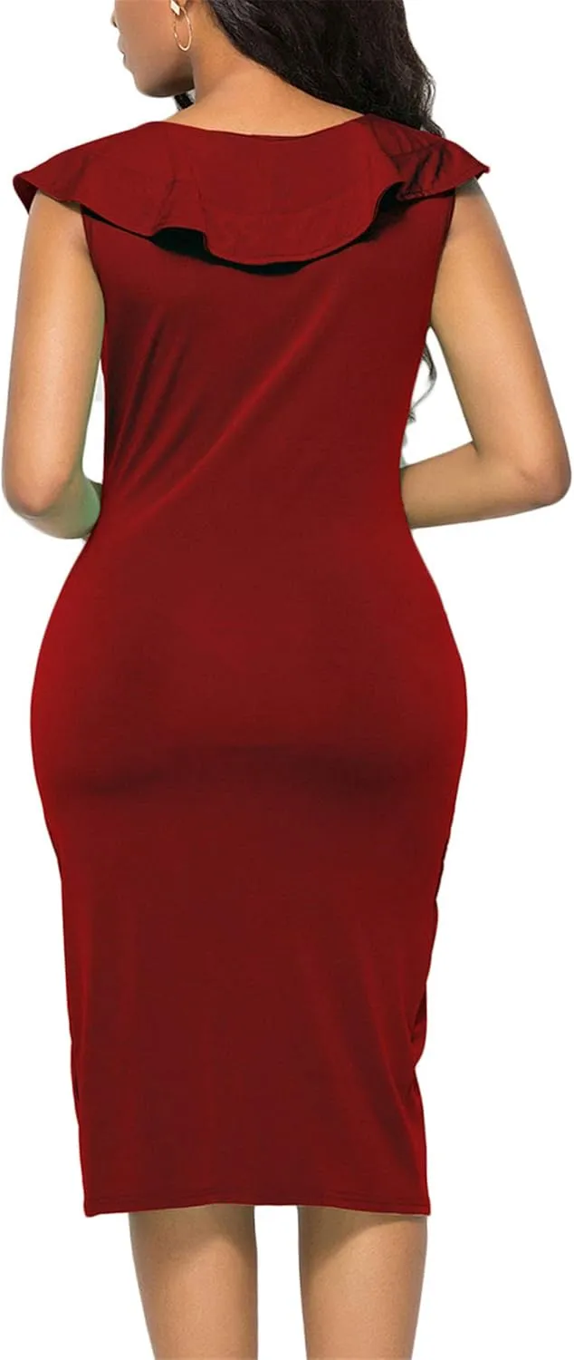 WIWIQS Women's Sexy V Neck Bodycon Long Sleeve/Sleeveless Ruffle Dress Front Slit Bandage Plus Size Midi Club Dresses