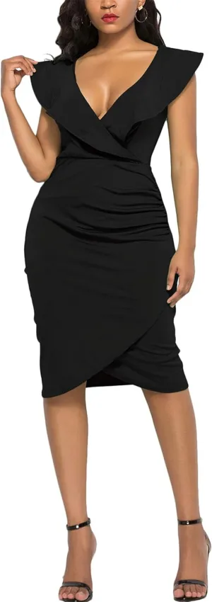 WIWIQS Women's Sexy V Neck Bodycon Long Sleeve/Sleeveless Ruffle Dress Front Slit Bandage Plus Size Midi Club Dresses