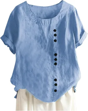 Women Bohemian Boho Linen Short Sleeve Top Summer Comfy Casual Oversized Tunics Round Neck Loose Fit Tshirts