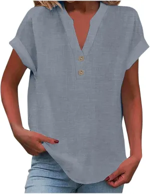 Women Bohemian Boho Linen Short Sleeve Top Summer Comfy Casual Oversized Tunics Round Neck Loose Fit Tshirts