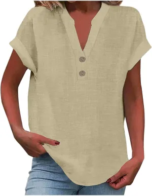 Women Bohemian Boho Linen Short Sleeve Top Summer Comfy Casual Oversized Tunics Round Neck Loose Fit Tshirts