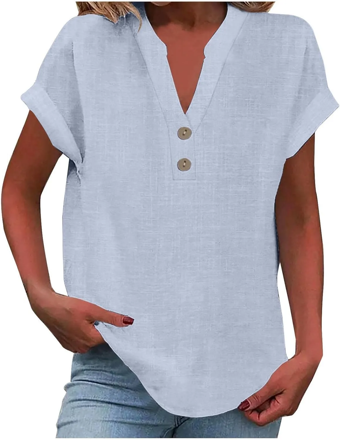 Women Bohemian Boho Linen Short Sleeve Top Summer Comfy Casual Oversized Tunics Round Neck Loose Fit Tshirts