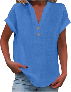 Women Bohemian Boho Linen Short Sleeve Top Summer Comfy Casual Oversized Tunics Round Neck Loose Fit Tshirts