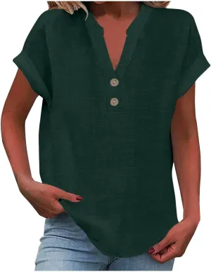 Women Bohemian Boho Linen Short Sleeve Top Summer Comfy Casual Oversized Tunics Round Neck Loose Fit Tshirts