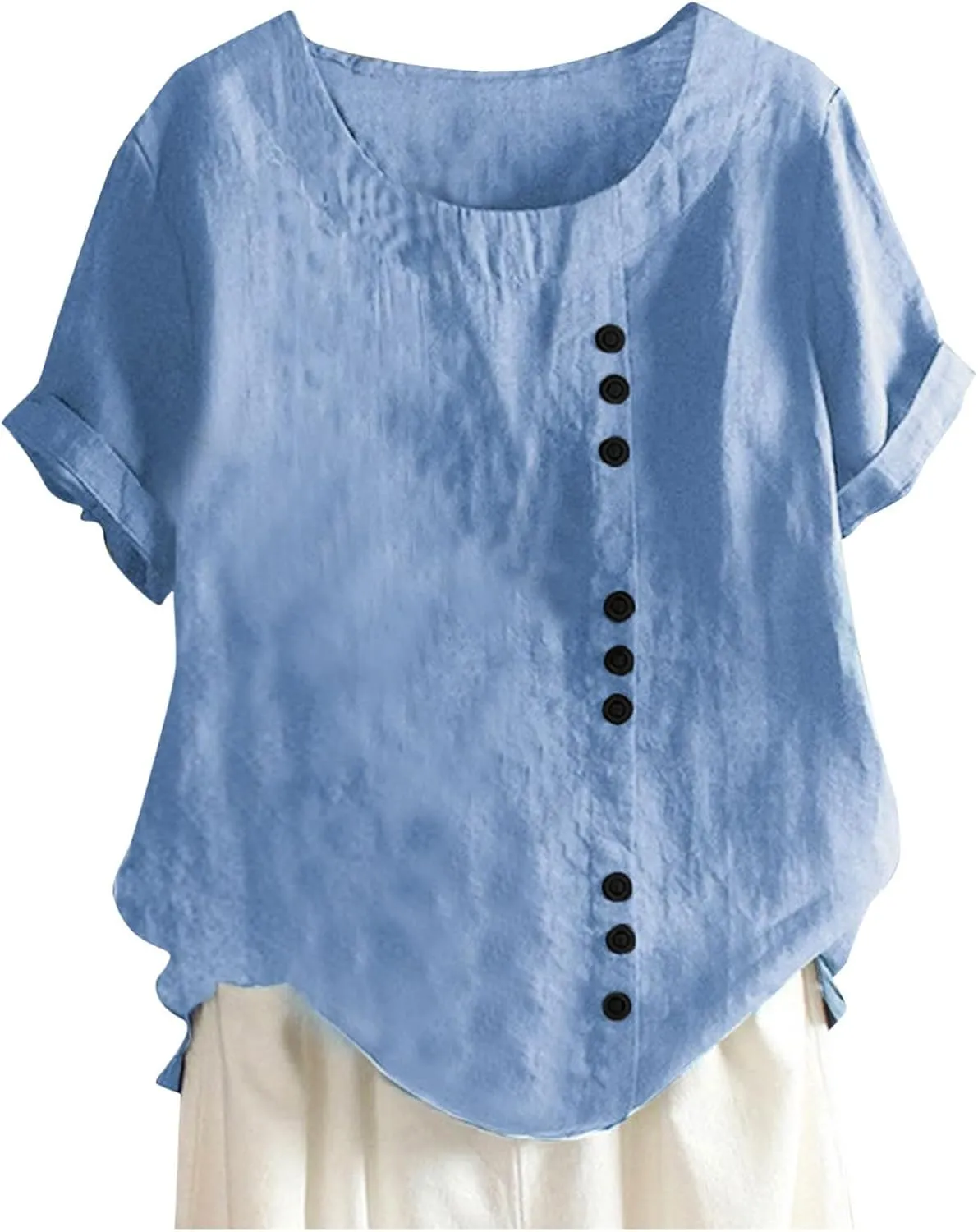 Women Bohemian Boho Linen Short Sleeve Top Summer Comfy Casual Oversized Tunics Round Neck Loose Fit Tshirts