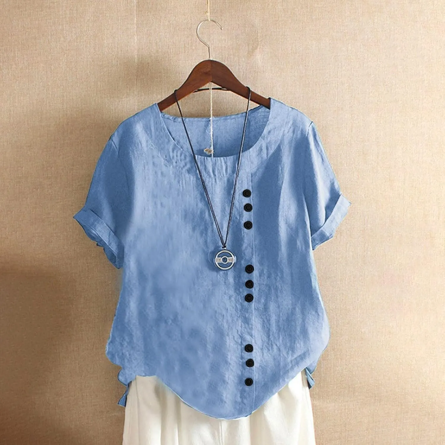 Women Bohemian Boho Linen Short Sleeve Top Summer Comfy Casual Oversized Tunics Round Neck Loose Fit Tshirts