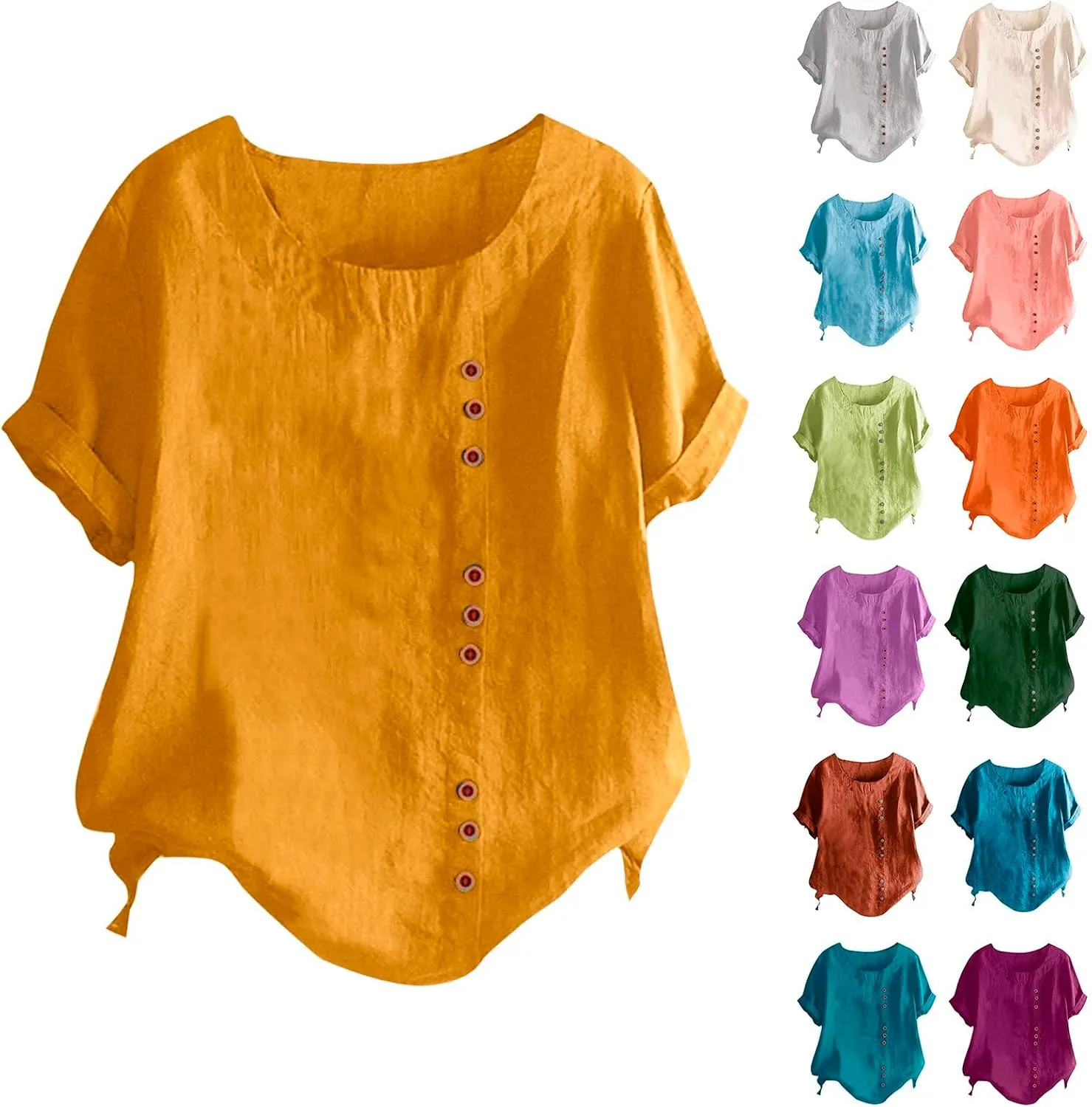Women Bohemian Boho Linen Short Sleeve Top Summer Comfy Casual Oversized Tunics Round Neck Loose Fit Tshirts