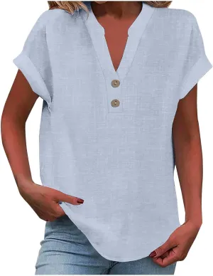 Women Bohemian Boho Linen Short Sleeve Top Summer Comfy Casual Oversized Tunics Round Neck Loose Fit Tshirts