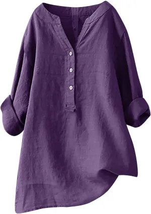 Women Button Up Shirts V Neck Long Sleeve Cotton Linen Summer Casual Fashion Blouse Tops Loose Tshirts