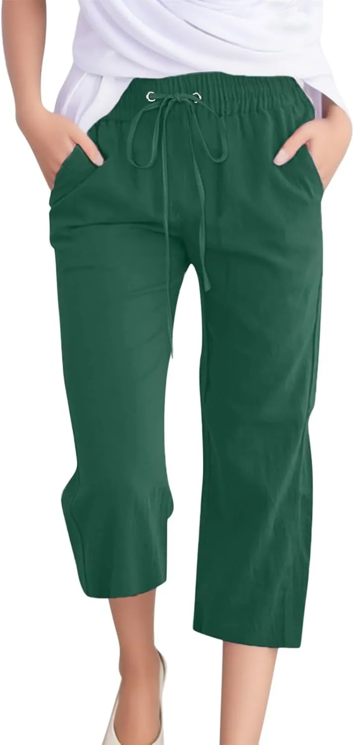Women Capris Summer Cotton Linen Pants Casual Trendy Elastic Waisted Cropped Trouser Beach Outfits