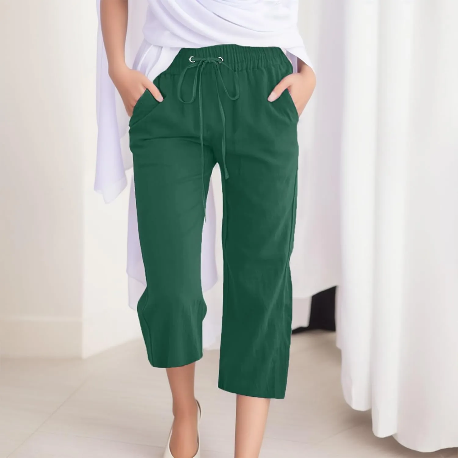 Women Capris Summer Cotton Linen Pants Casual Trendy Elastic Waisted Cropped Trouser Beach Outfits
