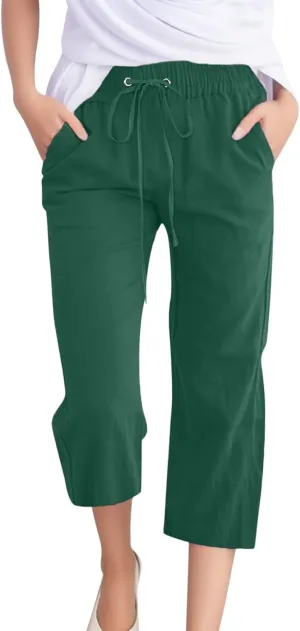 Women Capris Summer Cotton Linen Pants Casual Trendy Elastic Waisted Cropped Trouser Beach Outfits