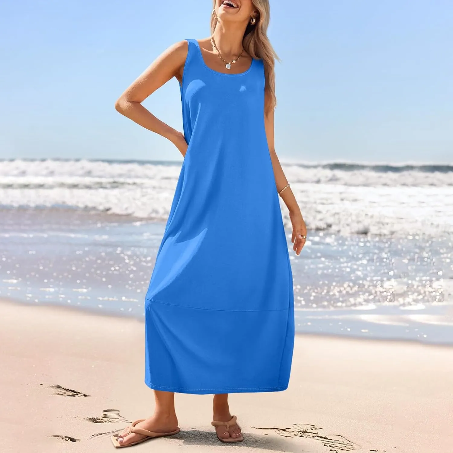 Women Dresses Casual Scoop Neck Maxi Dress Sleeveless Beach Vacation Tank Dress Flowy 2025 Summer Loose Sundress