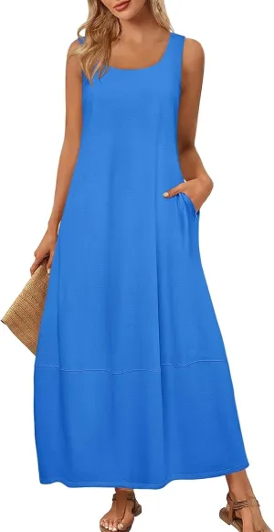 Women Dresses Casual Scoop Neck Maxi Dress Sleeveless Beach Vacation Tank Dress Flowy 2025 Summer Loose Sundress