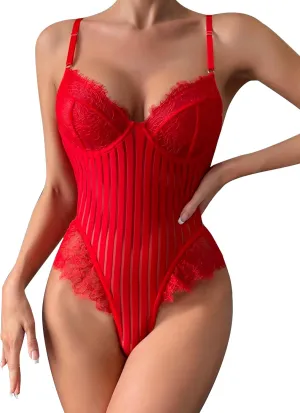 Women Lace Bodysuit Sexy Teddy Lingerie Body Suit Eyelash Trim Mesh Stripes 1 Piece Snap Crotch Tops