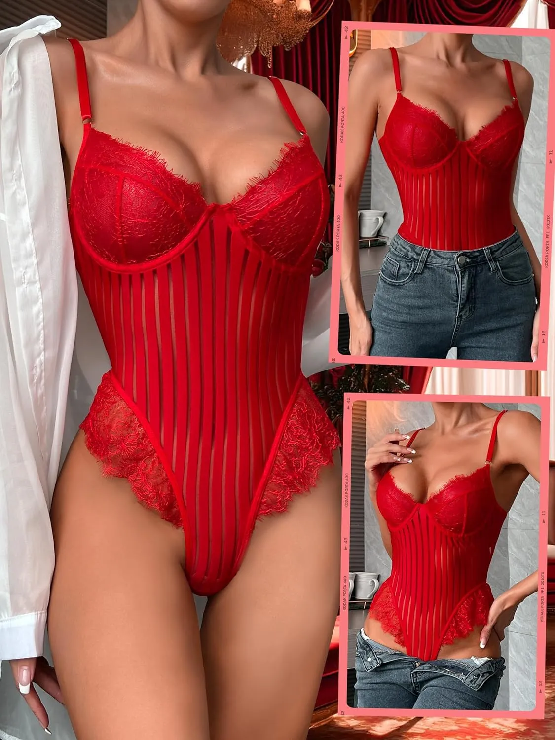 Women Lace Bodysuit Sexy Teddy Lingerie Body Suit Eyelash Trim Mesh Stripes 1 Piece Snap Crotch Tops
