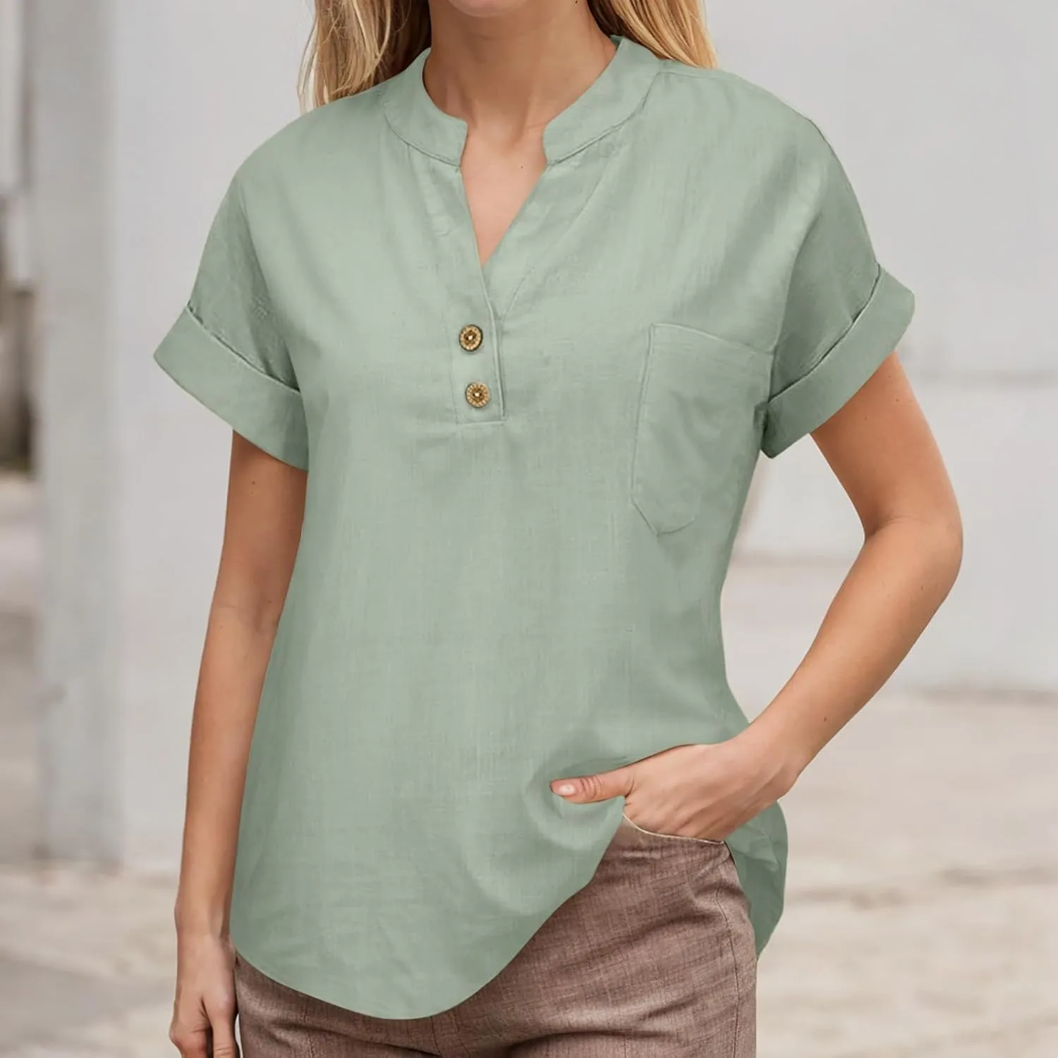 Women Linen Shirts Summer Cotton Linen Buttons Long Sleeve T-Shirt Casual Loose Fit Henley Crew Neck Tee Top