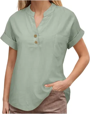 Women Linen Shirts Summer Cotton Linen Buttons Long Sleeve T-Shirt Casual Loose Fit Henley Crew Neck Tee Top