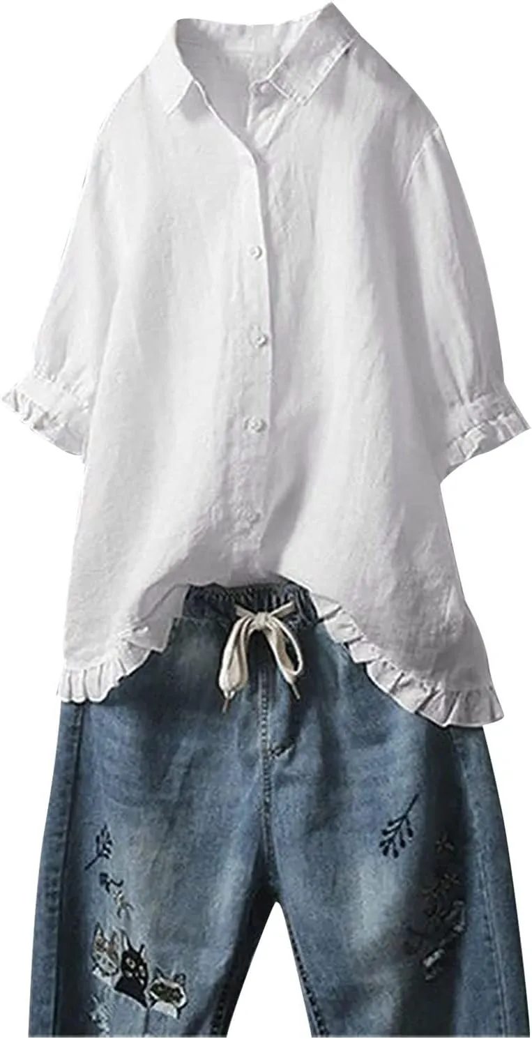 Women Linen Shirts Summer Cotton Linen Plain Long Sleeve T-Shirts Casual Plus Size Basic Crew Neck Tshirts