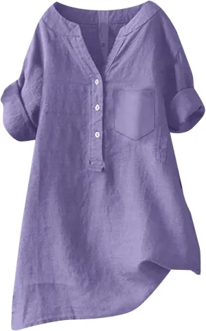 Women Linen Shirts Summer Linen Plain Solid Long Sleeve T Shirts Casual Loose Dressy Crewneck Tee Shirts