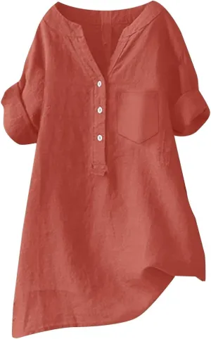 Women Linen Shirts Summer Linen Plain Solid Long Sleeve T Shirts Casual Loose Dressy Crewneck Tee Shirts