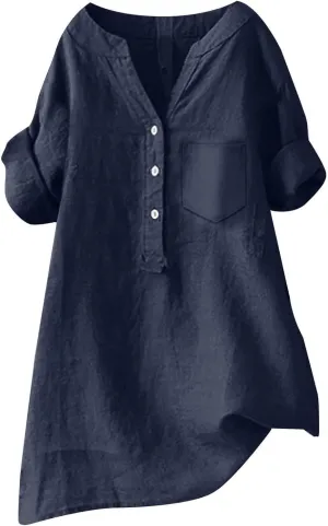 Women Linen Shirts Summer Linen Plain Solid Long Sleeve T Shirts Casual Loose Dressy Crewneck Tee Shirts