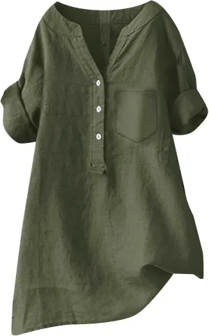 Women Linen Shirts Summer Linen Plain Solid Long Sleeve T Shirts Casual Loose Dressy Crewneck Tee Shirts