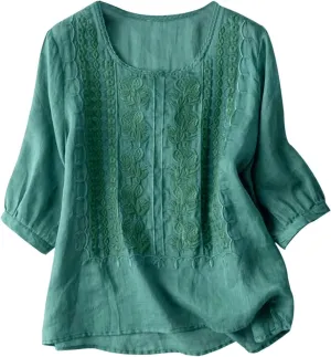 Women Linen Shirts V Neck Button Blouse Lapel Collar Basic Tee Shirt Long Sleeve Loose Fit Tunics Top