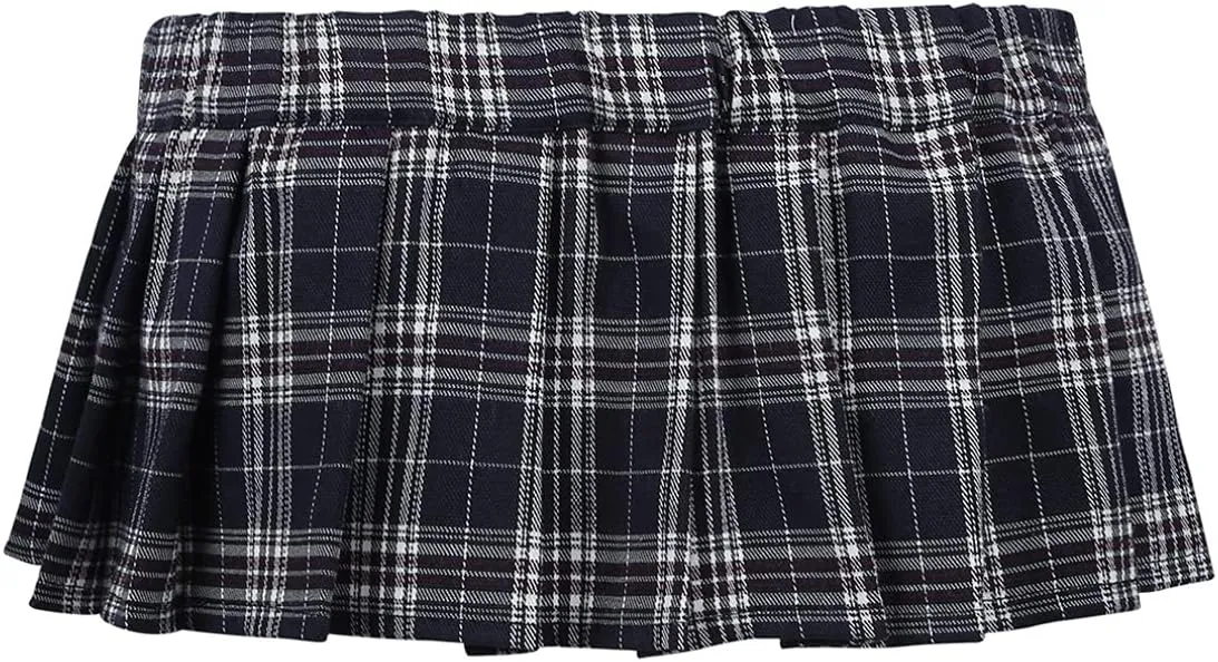 Women Plaid Mini Pleated Skirts Elastic Waist Lingerie Miniskirts Fancy Crossdress Clubwear