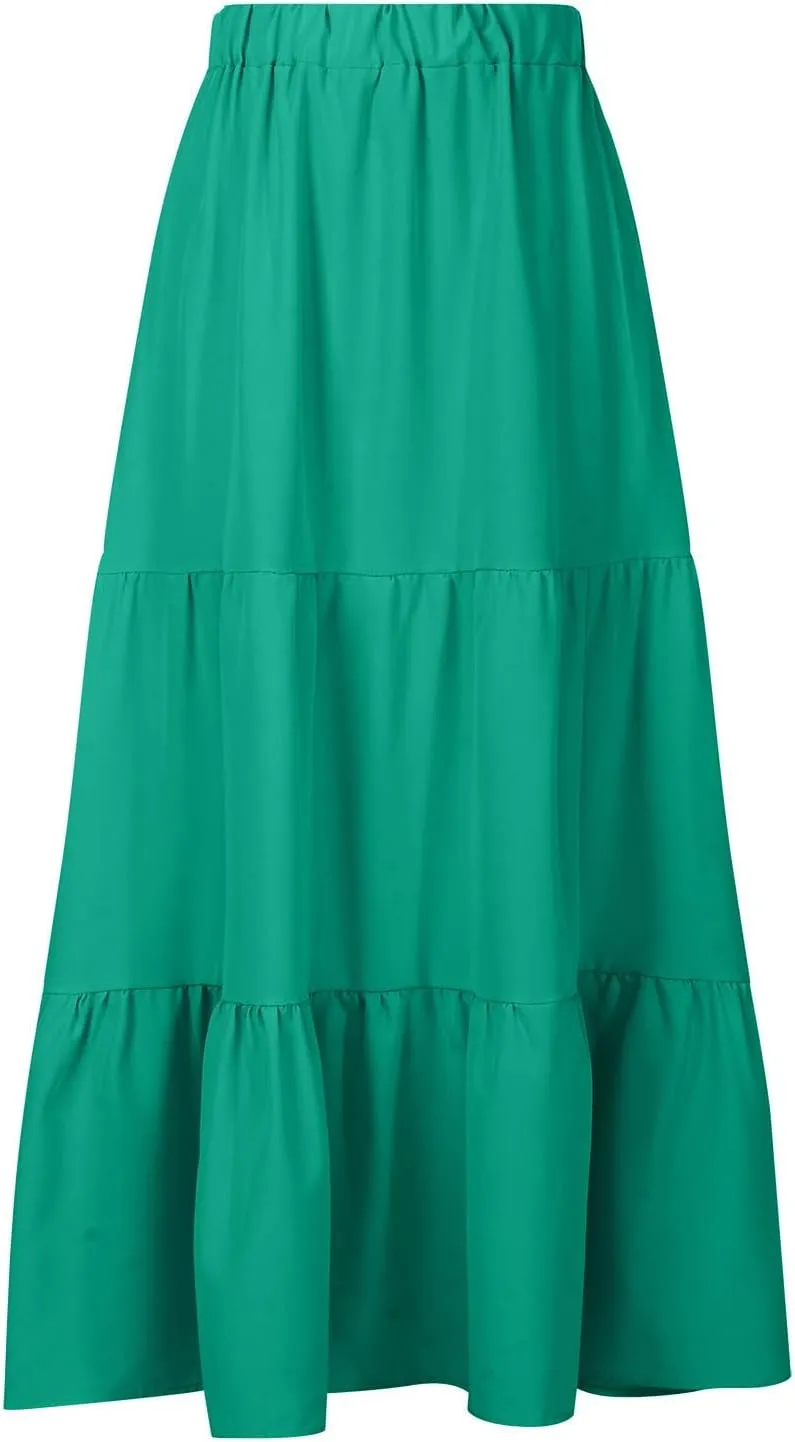 Women Ruffle Skirt Pleated Long Skirt High Elastic Waist Loose Fit Skirt Trendy Summer Cute Beach Vacation Skirt