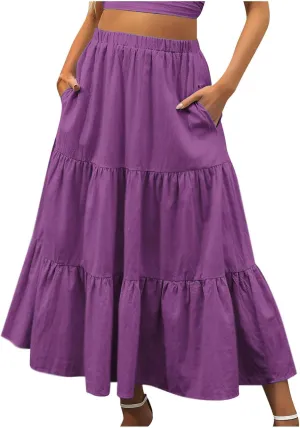 Women Ruffle Skirt Pleated Long Skirt High Elastic Waist Loose Fit Skirt Trendy Summer Cute Beach Vacation Skirt