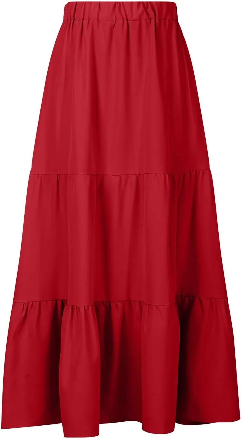Women Ruffle Skirt Pleated Long Skirt High Elastic Waist Loose Fit Skirt Trendy Summer Cute Beach Vacation Skirt