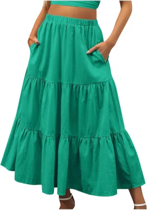 Women Ruffle Skirt Pleated Long Skirt High Elastic Waist Loose Fit Skirt Trendy Summer Cute Beach Vacation Skirt
