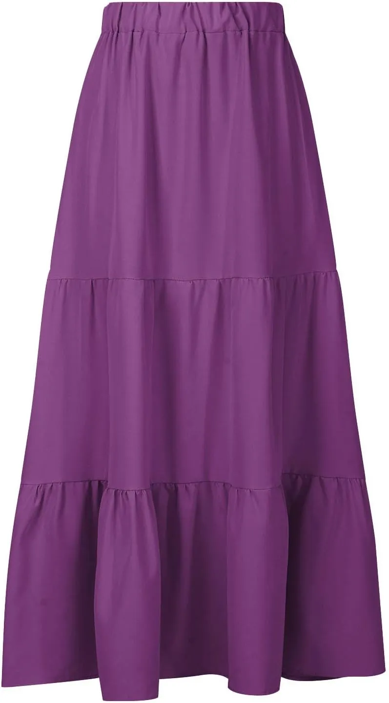 Women Ruffle Skirt Pleated Long Skirt High Elastic Waist Loose Fit Skirt Trendy Summer Cute Beach Vacation Skirt