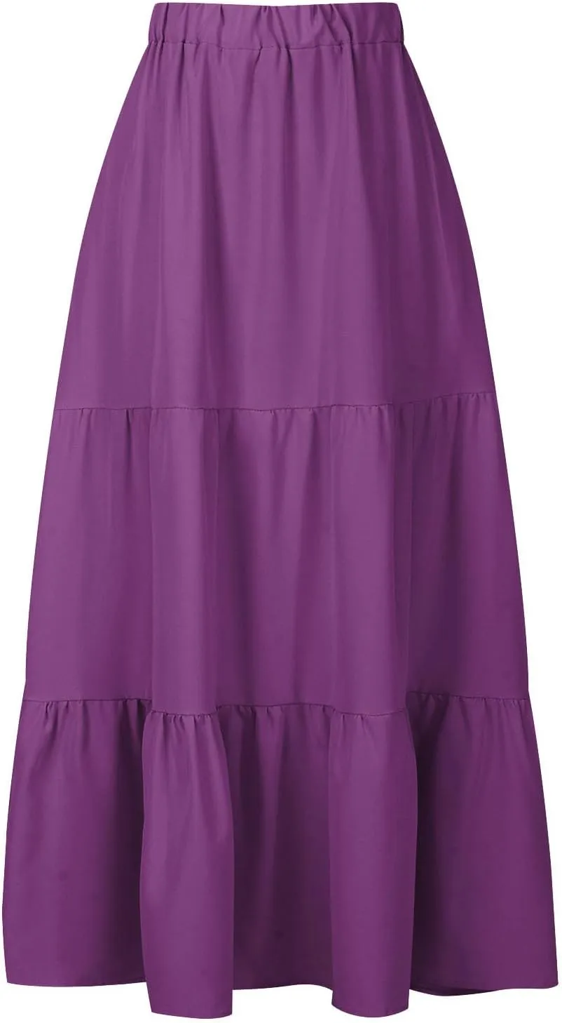Women Ruffle Skirt Pleated Long Skirt High Elastic Waist Loose Fit Skirt Trendy Summer Cute Beach Vacation Skirt